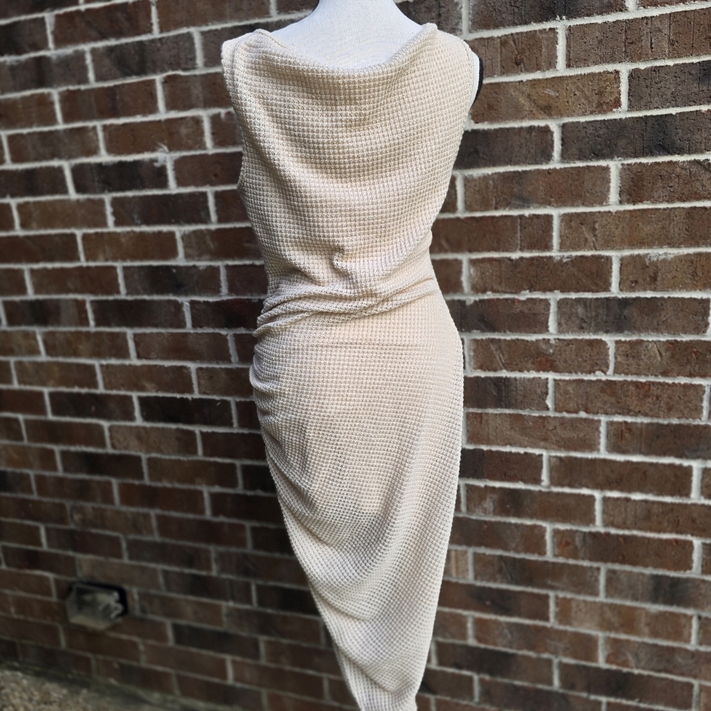 Cream Asymmetrical Ruched Midi Dress - Picture 4 of 7